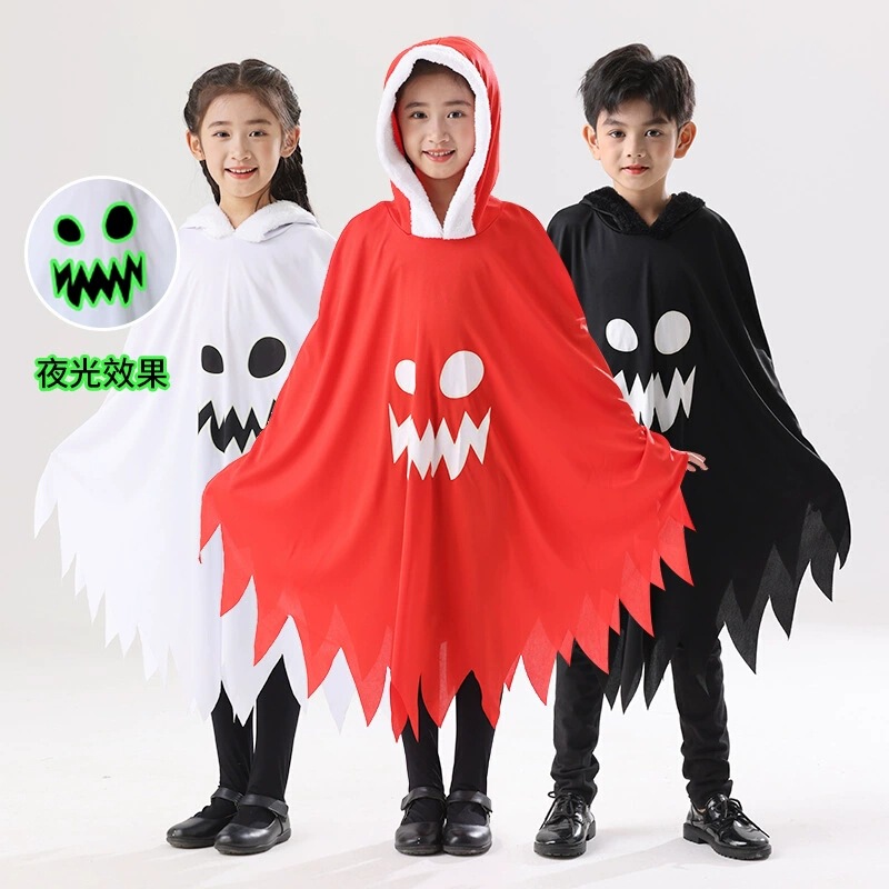 Halloween Children's Costume White and Black Glow-In-The-Dark Ghost Face Cape Shawl Party Dress-Up Performance Outfit