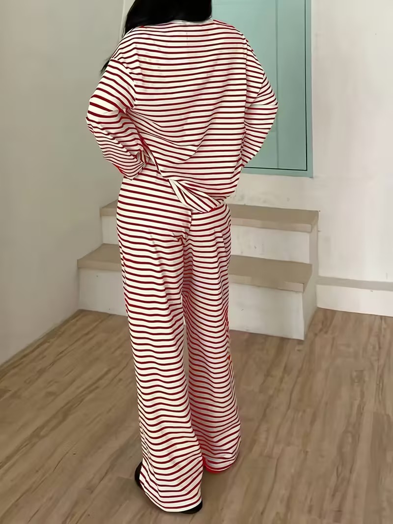 Women's Clothing Popular Striped Long-sleeved Top High-waisted Trousers Women's Fashion Casual Suit_ecoleips.com