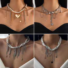欧美跨境饰品 冷淡风爱心珍珠吊坠项链 个性流苏合金链条Necklace