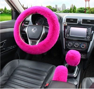 Rex rabbit plush steering wheel cover — Steering wheel cover - rose-red-three-piece-set-38cm