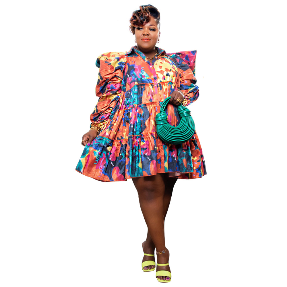 ChicShe N7760 Independent Station European And American Plus Size Women's Fashion Printed Ruffle Button Shirt Dress_voghion.com