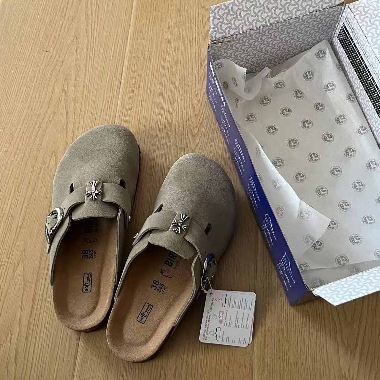 2025新款勃肯包头真皮软木底内增高日系十字架拖鞋外穿潮流情侣款