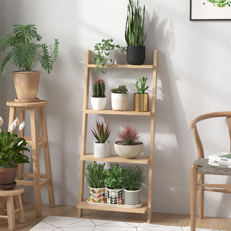 Pine Ladder Flower Shelf Balcony Multi-Layer Ladder Storage Living Room Floor-Standing Leaning Wall Indoor Ladder Display Bookshelf