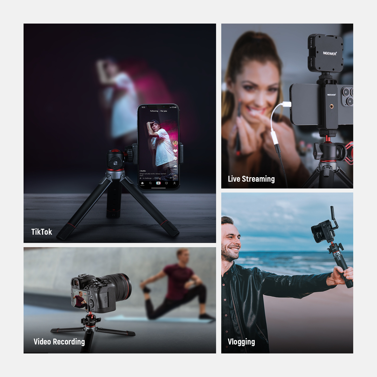 Table tubing, handheld mobile phone, camera, tripod, corner frame