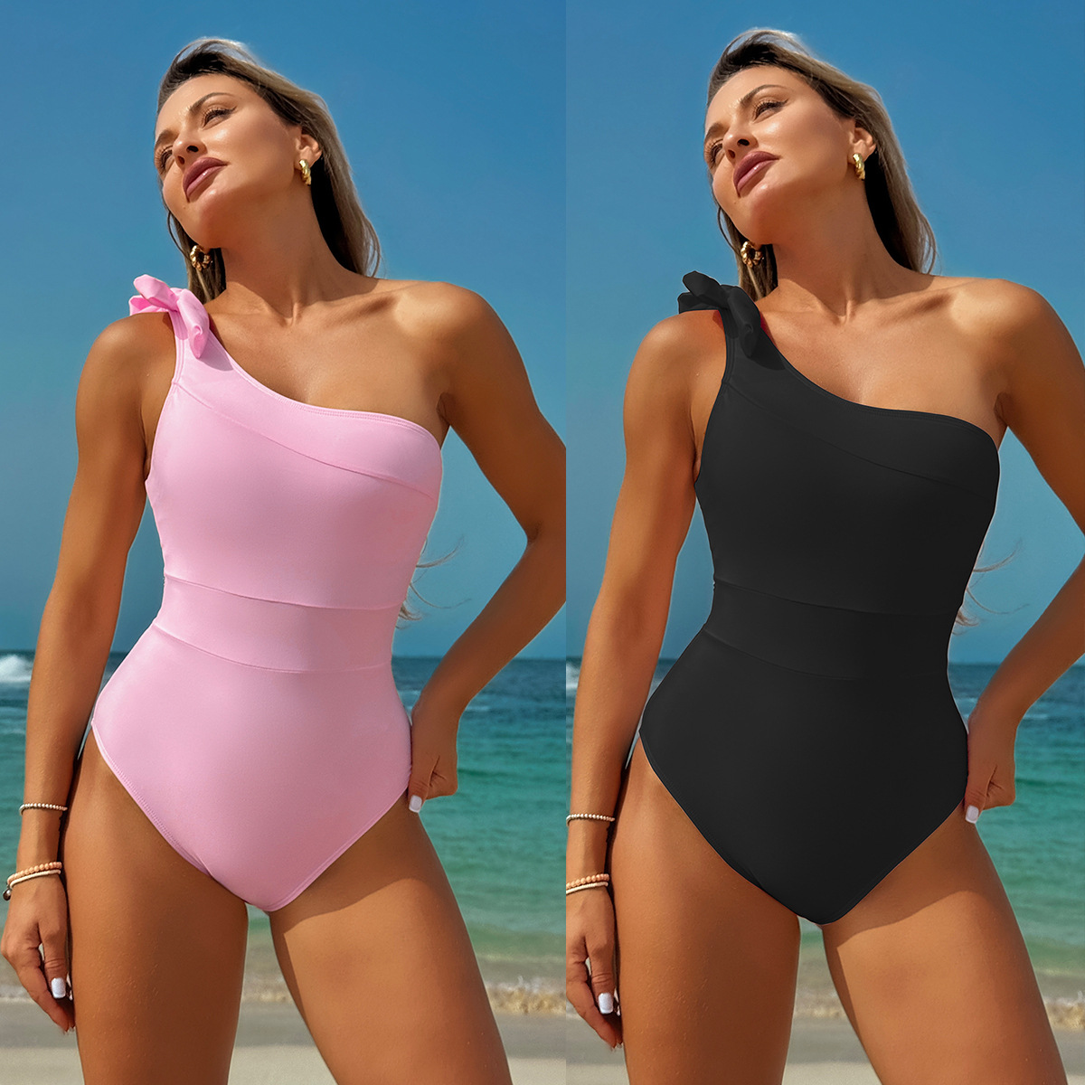 Comercio exterior europeo y americano nuevo sexy traje de baño de color sólido de una pieza traje de baño de hombro para mujer bikini transfronterizo de Amazon