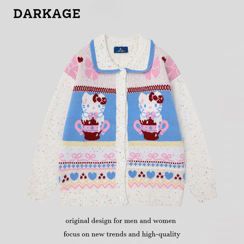 Fair Isle Hello Kitty Color Dot Lapel Cute Sweater Women's 2025 Autumn Korean Style Lazy Style Knitted Cardigan Jacket Fair Isle Hello Kitty Color Dot Lapel Cute Sweater Women's 2025 Autumn Korean Style Lazy Style Knitted Cardigan Jacket