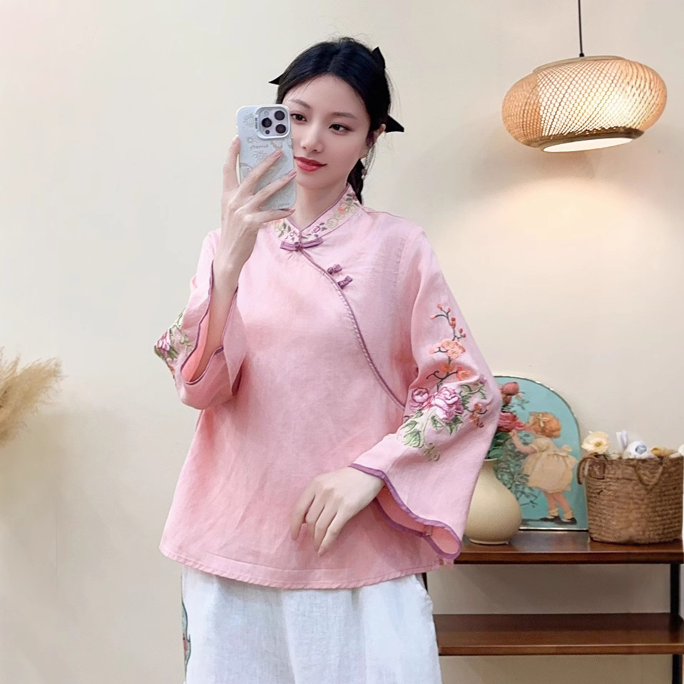 (2개) 2025 년 봄 새로운 GUOFENG 자수 린넨 셔츠 커프 루즈 스탠드 칼라 및 버클 중국 스타일 탑 6816