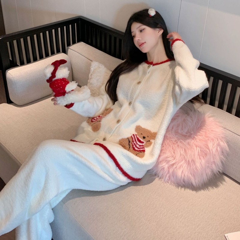 可爱小熊撞色学院风半边绒家居服开衫女装2025新款宽松睡衣可外穿|undefined