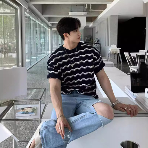 Men's T-shirt Short Sleeve Summer Streetwear High-End Heavy Work Hollow Knit Top with Floral Wave Striped T-shirt