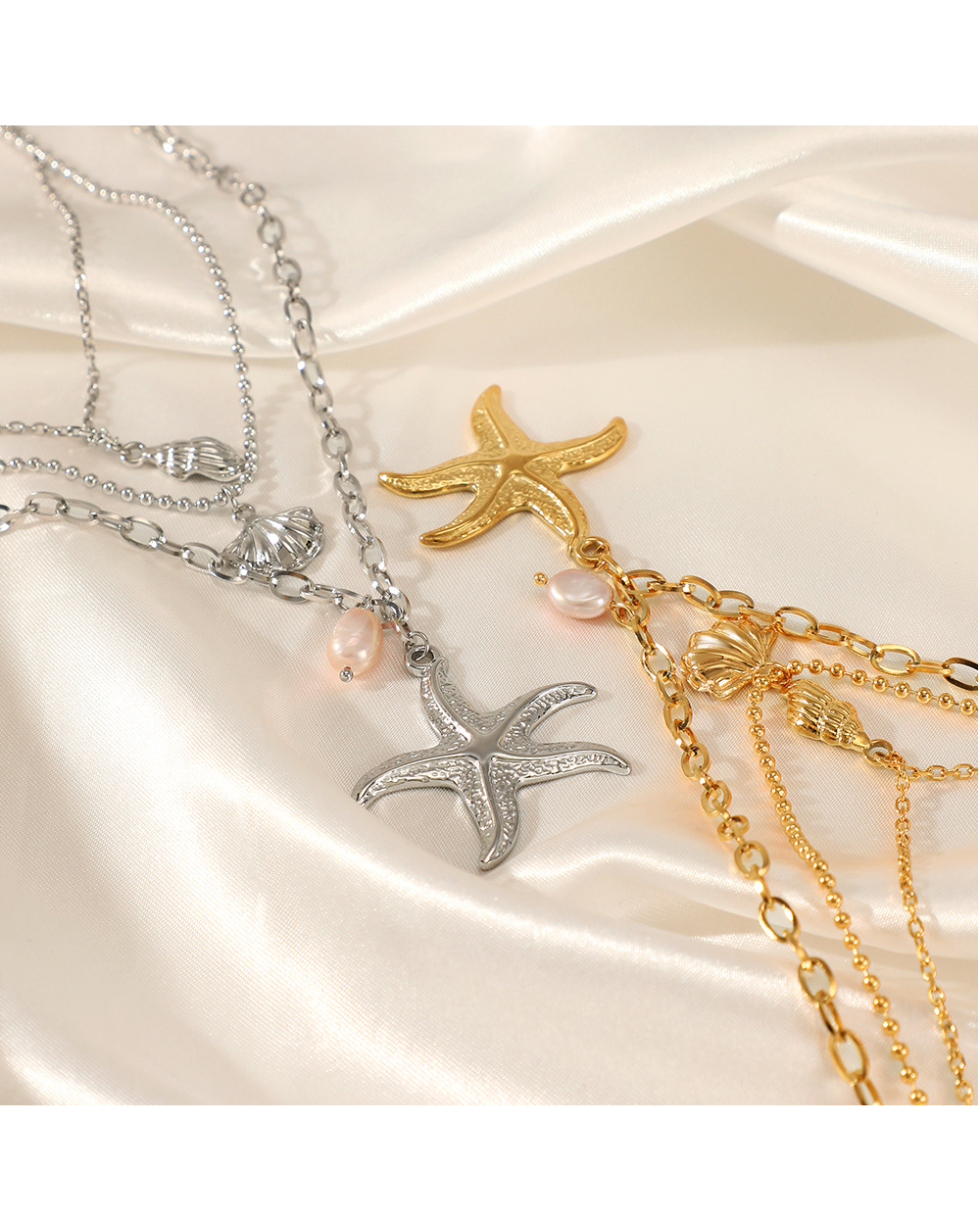 Beach Starfish Conch Shell Stainless Steel Plating Artificial Pearls Layered Necklaces