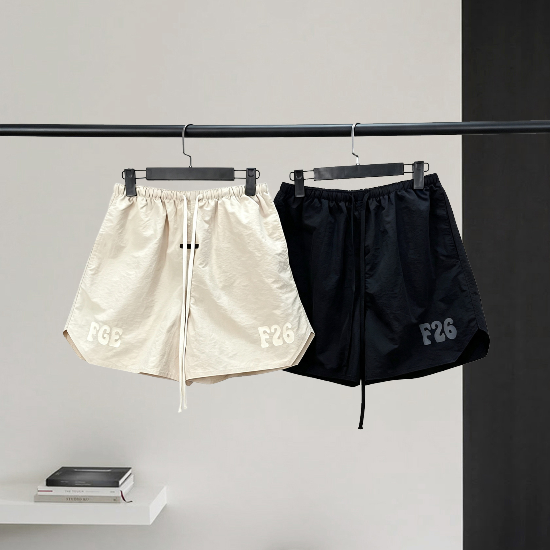 FOG Multi-line Woven Shorts F26 with Printed Letters, American High Street Style, Quick-drying Sports Pants, Loose Fit, Casual Five-Point Pants, Summer
