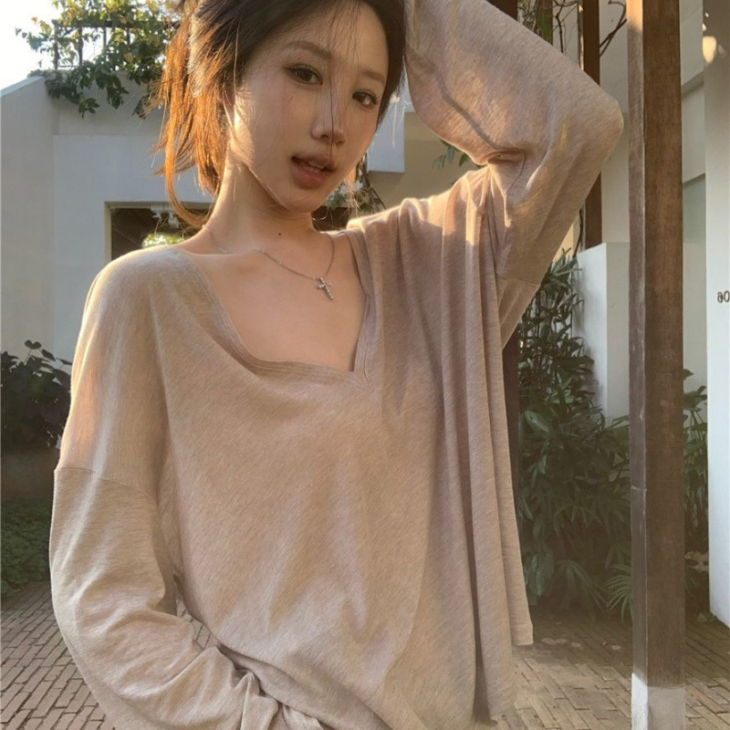微透白色v领长袖T恤女夏季薄款宽松防晒罩衫简约chic气质百搭上衣|undefined