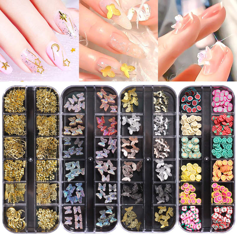 Trendy 12-Grid Box of Nail Art with 3D Butterfly, Clay, Fruit, Candy, Iridescent Sequins, and Gold Foil Decorations