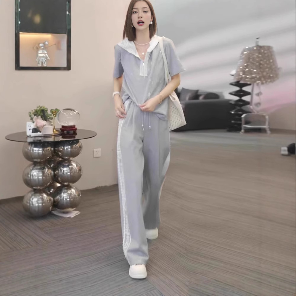 2025년 신상 여름 한국 스타일 캐주얼 스포츠 슈트, 서양식 레이스 후드 탑과 와이드 팬츠 투피스 세트