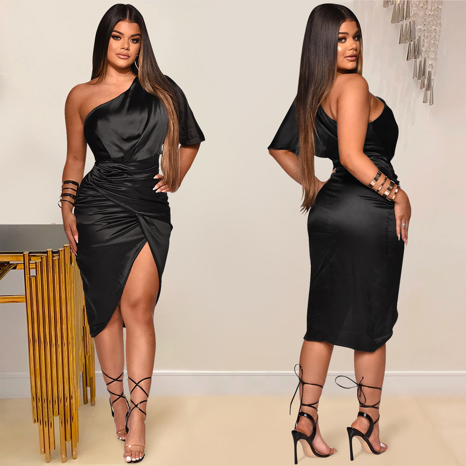 X5273 transfronterizo nuevo producto AliExpress Amazon moda europea y americana color sólido de las mujeres de un solo hombro split MIDI falda vestido image 2