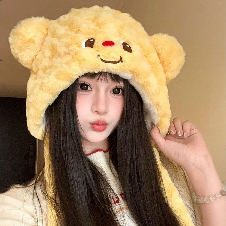 卡通可爱黄油小熊显脸小毛绒帽女秋冬季保暖防寒小熊帽护耳雷锋帽|undefined