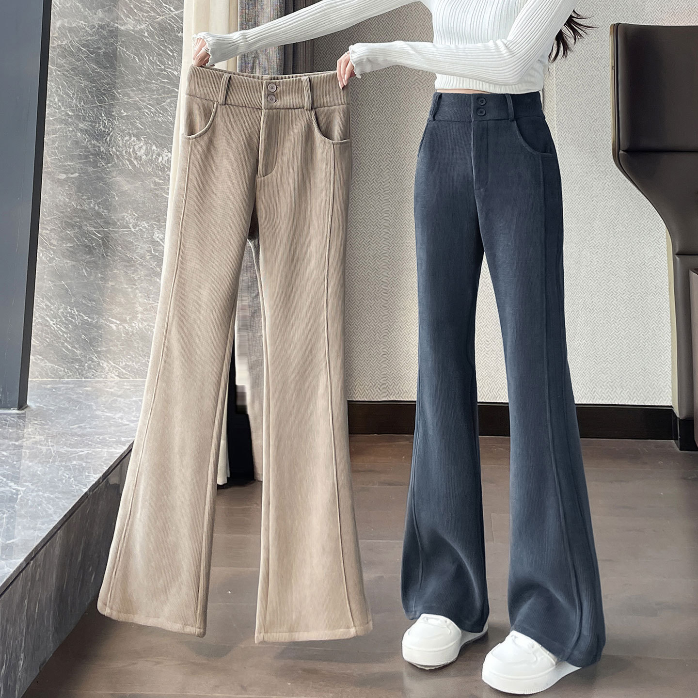 Corduroy Flared Pants for Women, Autumn and Winter New Popular Style, Fleece-Lined and Thickened Chenille Wide-Leg Micro-Flared Pants