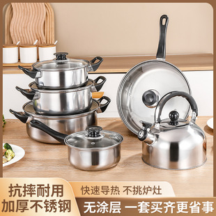 Cross-border Supply Southeast Asia Pot Set Stainless Steel Pot Set Pot with Water Kettle 12-piece Set Soup Pot Milk Pot Wood Grain Color