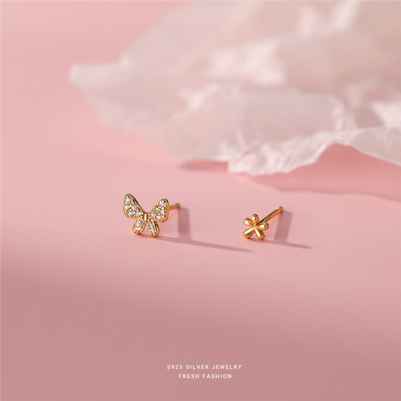 Bow Flower Stud Earrings In Pure Silver Asymmetrical Design_voghion.com