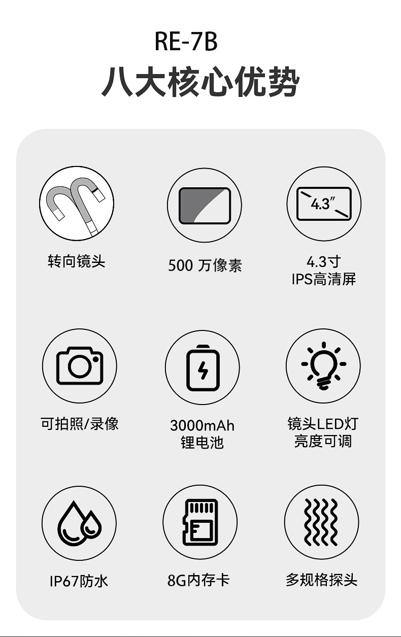 高清内窥镜摄像头汽车发动机维修工业管道探测可转弯探头汽修