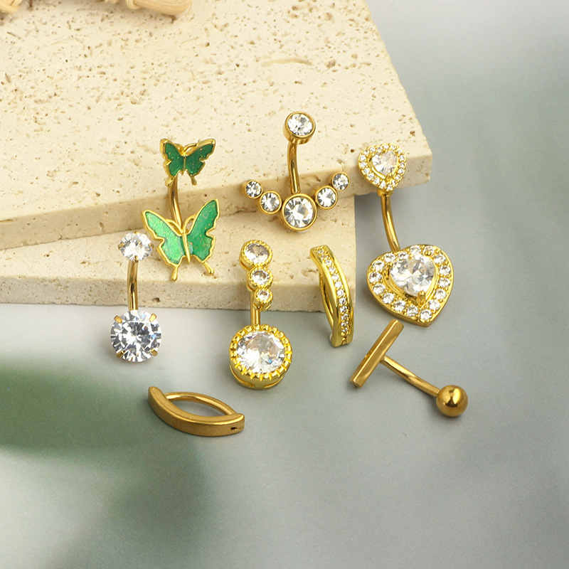 8-Piece Rose Gold CZ Navel Ring Set Stainless Steel Body Piercing Jewelry Navel Belly Button Rings detail image 8