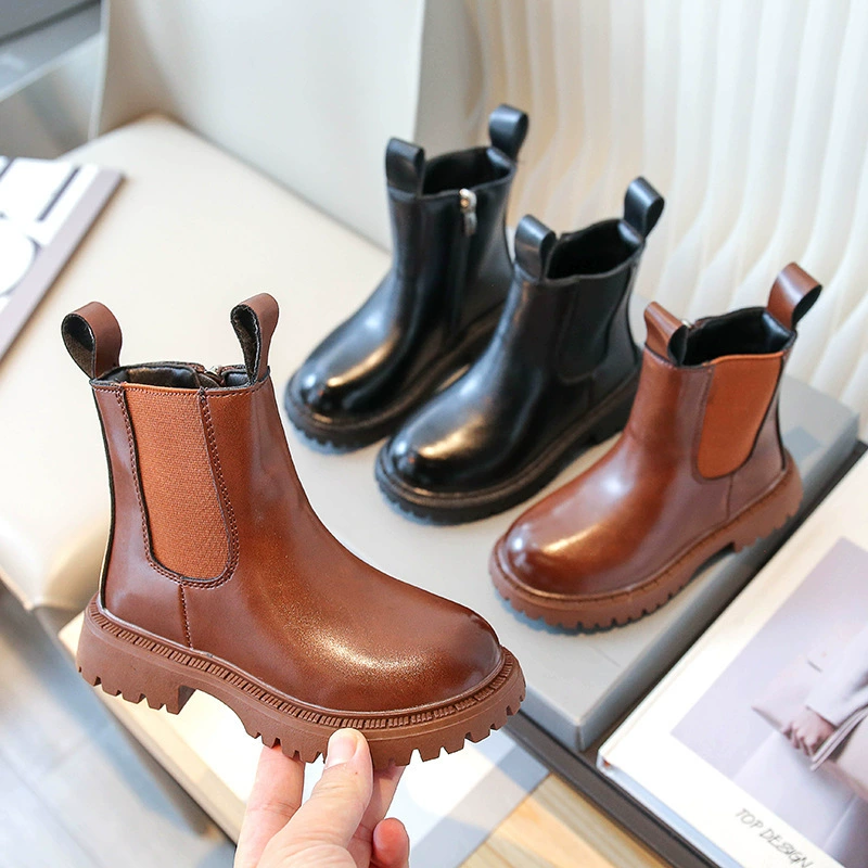 Модные дымовые сапоги для девочек 2023 осенне-зимние новые ботильоны для мальчиков в британском стиле, однотонные кожаные сапоги для детей среднего и старшего возраста, модные