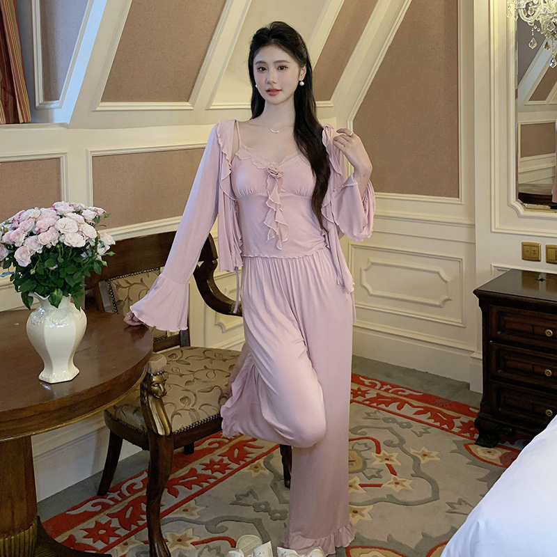 法式睡衣女胸垫女三件套春秋温柔浪漫开衫宽松套装家居服可外穿|undefined