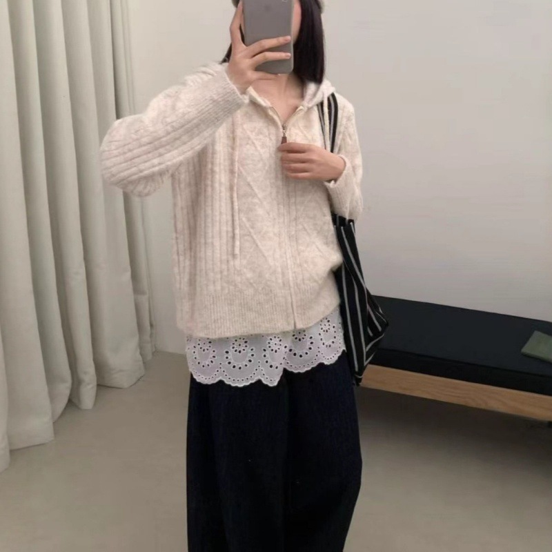 韩系秋冬新款针织连帽开衫女宽松慵懒风小个子纯色软糯外套毛衣女|undefined