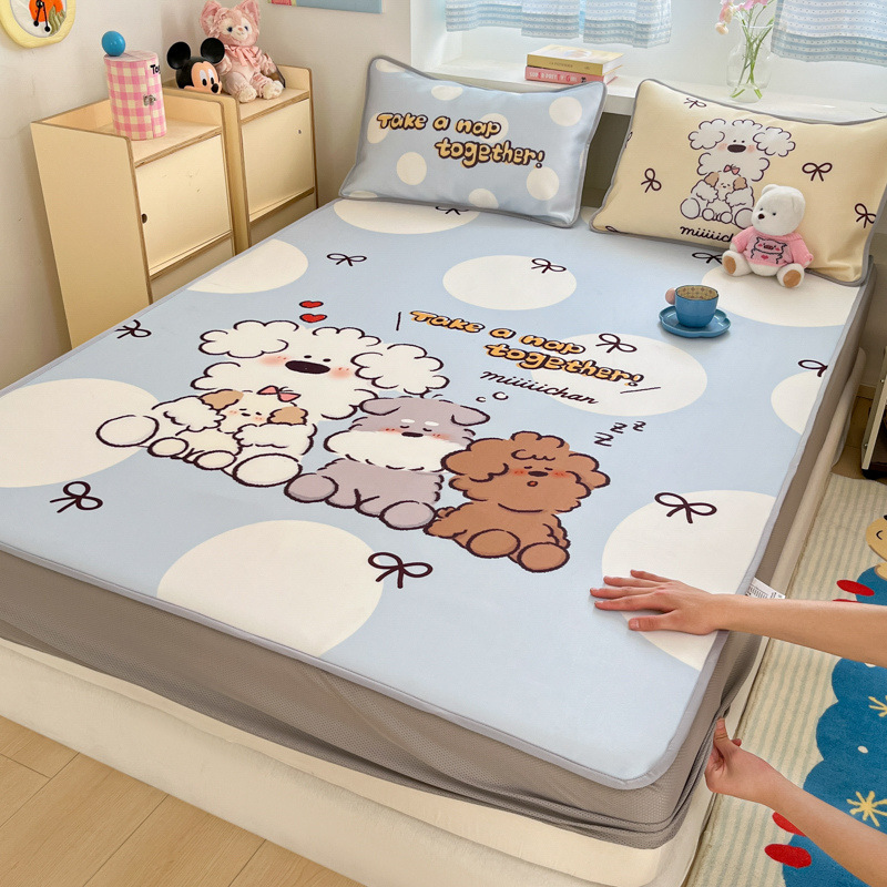 Sombrilla de cama de seda de hielo de verano, cubierta protectora de colchón para niños todo incluido, dormitorio, cubierta de cama individual, juego de tres piezas