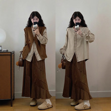 大码女装百搭设计感马甲外套+不规则半身裙+刺绣长袖衬衫三件套潮