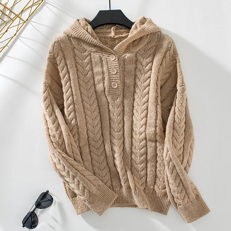 Pull à capuche épais style rétro automne/hiver pour femme avec fermeture boutonnée et maille torsadée_voghion.com