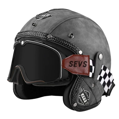 Motorcycle Safety Supplies Helmet - 555-leather-helmet-gray-large-frame-goggles-black-mirror-s