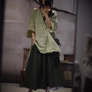 25/06 SN174 新款复古亚麻手工缝线套头宽松半袍前短后长