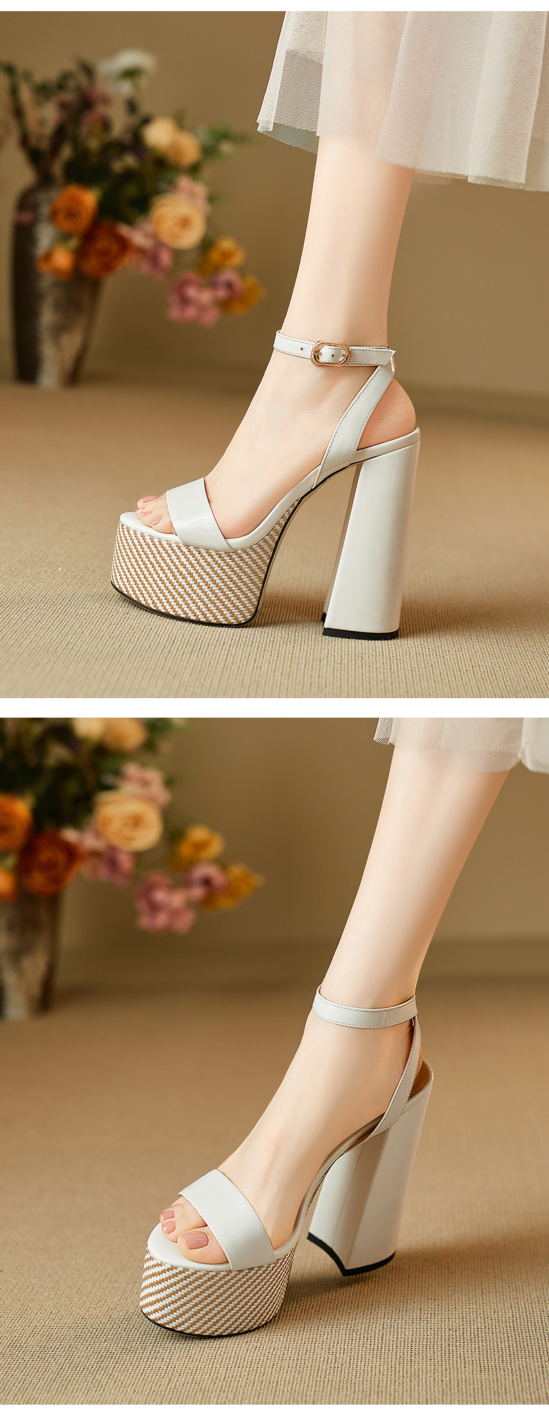 Sandal hở mũi một dây Yichuan da thật gót vuông cao 9 cm — đen chi tiết 9