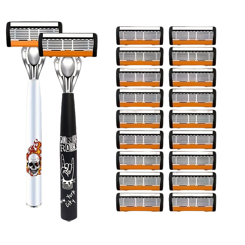 Orange six-layer manual razor with stainless steel blades, a classic shaving razor head, and a universal design