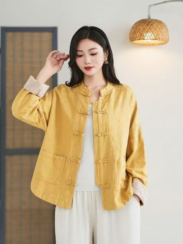 古咖服饰2025秋季新款立领复古盘扣暗纹提花大口袋文艺拼接上衣女|undefined