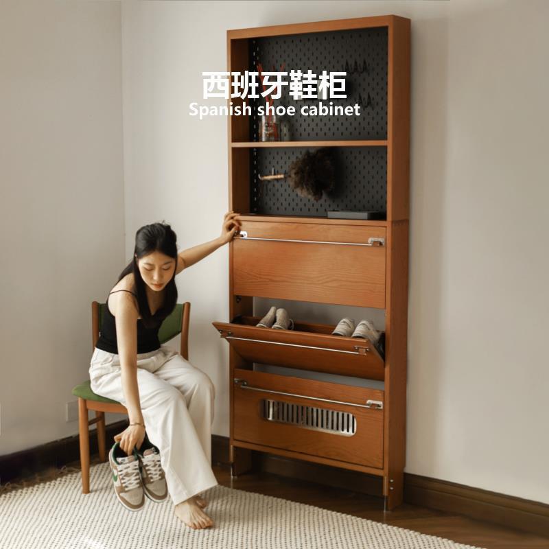 Spanish Retro Shoe Cabinet Entryway Cabinet Integrated Home Entrance Indoor Solid Wood Ultra-Thin Layered Storage Shoes