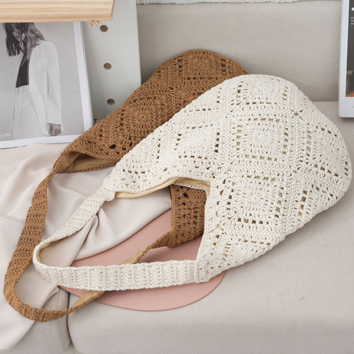 Nature-inspired minimalist diamond pattern cotton wire woven bag, grandmother's square swallowtail grass woven bag, everyday casual beach bag for women