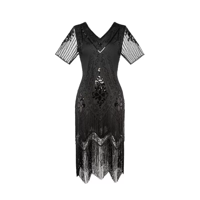欧美跨境流苏派对晚礼服1920s复古亮片钉珠大码连衣裙亚马逊爆款