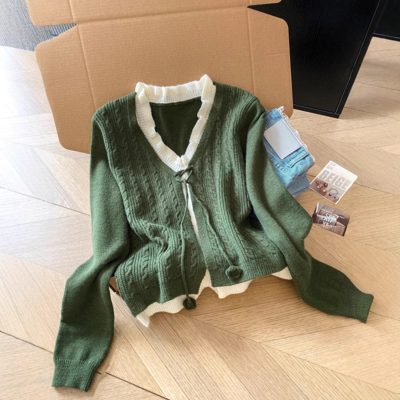 绿色假两件针织毛衣女秋新款素色左岸绿色短款开衫女秋季麻花毛衣|undefined