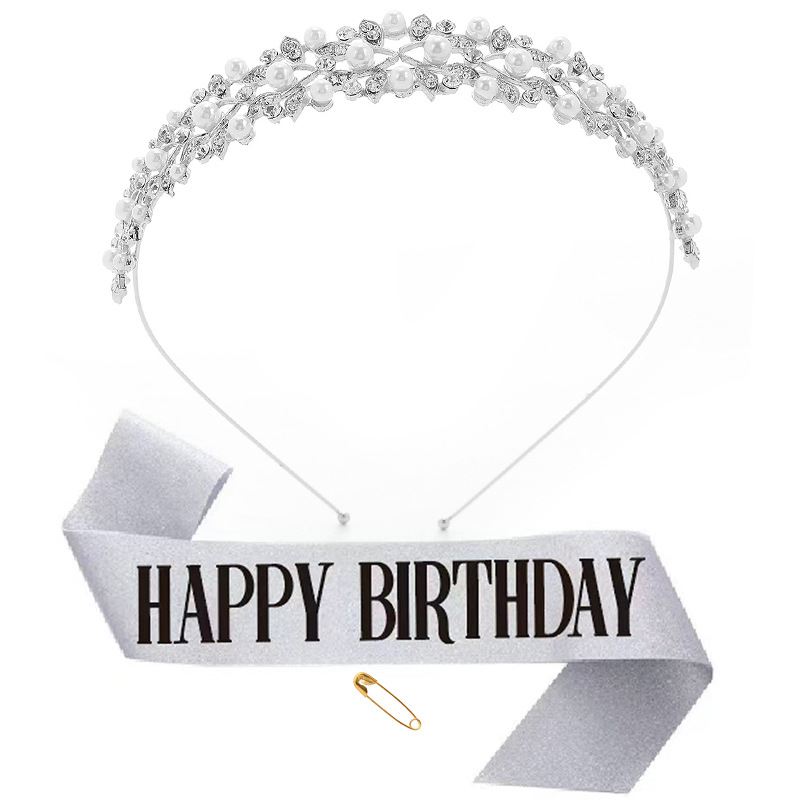 Silver crown+happybirthday silver black letter ribbon