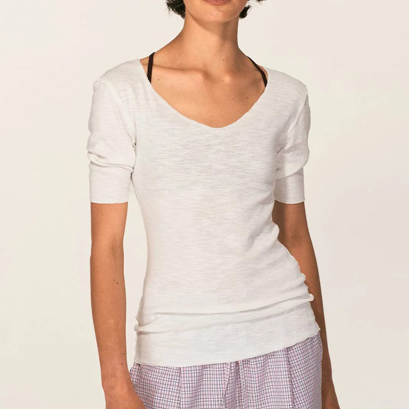 In-Stock Vintage Washed Enzyme-Processed Double-Sided Bamboo Texture Heart-Shaped Large U-Neck Wide-Shoulder Mid-Sleeve T-Shirt 2026 Summer New Model In-Stock Vintage Washed Enzyme-Processed Double-Sided Bamboo Texture Heart-Shaped Large U-Neck Wide-Shoulder Mid-Sleeve T-Shirt 2026 Summer New Model