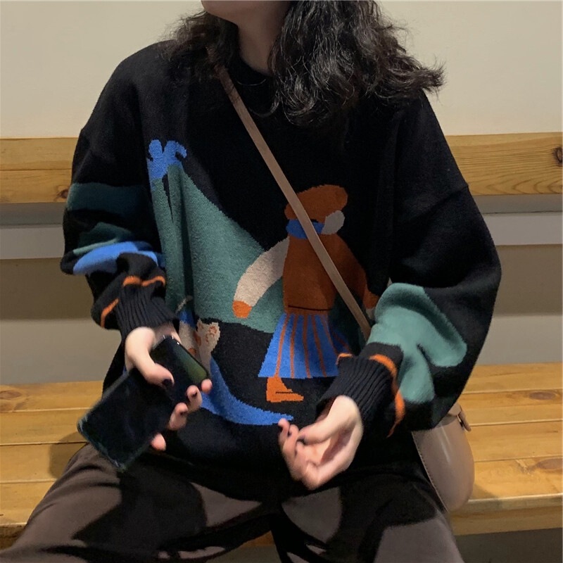 Plus Size Fat Girl Cartoon Knitwear Women's Autumn and Winter New Style Lazy Loose Outer Wear Round Neck Knitwear Retro Top