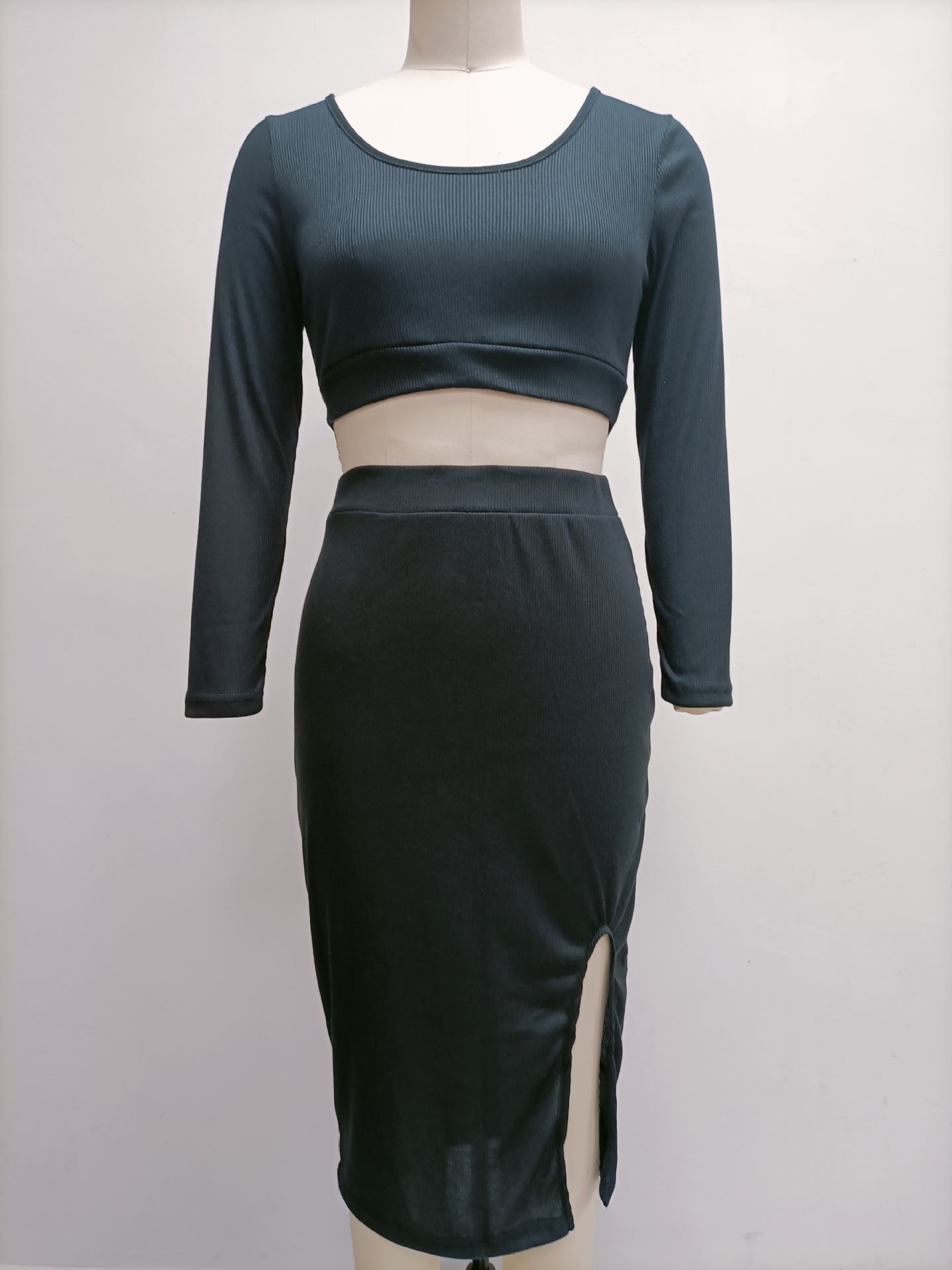 Autumn Winter Women Clothing Solid Color Thread Long Sleeve Sexy Split Maxi Dress Two Piece Set
