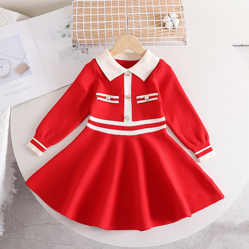 Children's reverse collar sweater fashionable western-style slim fit knitted dress, girl's big_voghion.com