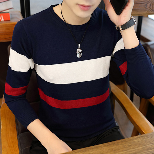 Men's Autumn Hooded Crew Neck Striped Color-blocked Long Sleeve Knit Sweater for Youthful Men Casual Sweatshirt