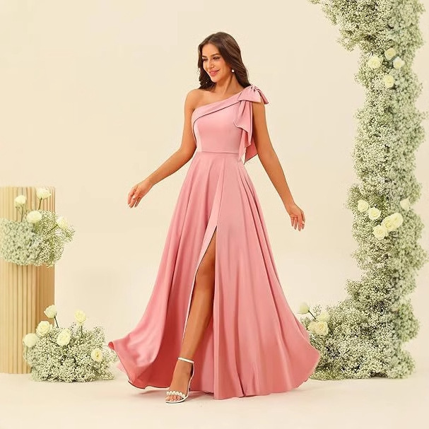 New Foreign Trade One-Shoulder Bow Tie Wedding Bridesmaid Dress Women's Prom Party Banquet Elegant Evening Dress Long Style
