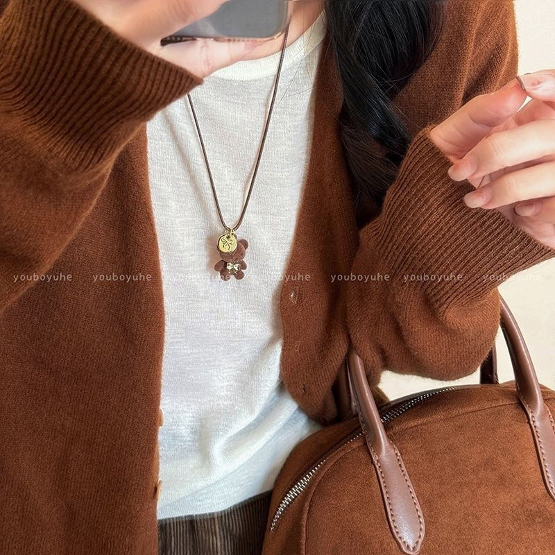 可爱咖色毛绒小熊吊坠项链女秋冬长款卫衣配饰2024新款百搭毛衣链