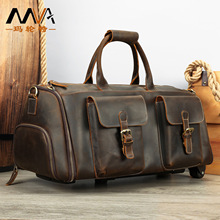 疯马皮复古休闲旅行包带拉杆滑行李包高级感手提包带鞋仓西装包男