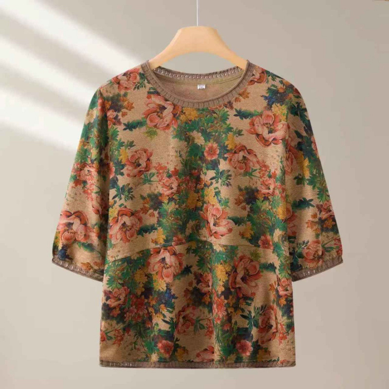 高級大きいサイズ中袖Tシャツレディースラウンドネック花柄夏新作ゆったりお腹カバートップ中高年ママ服|undefined